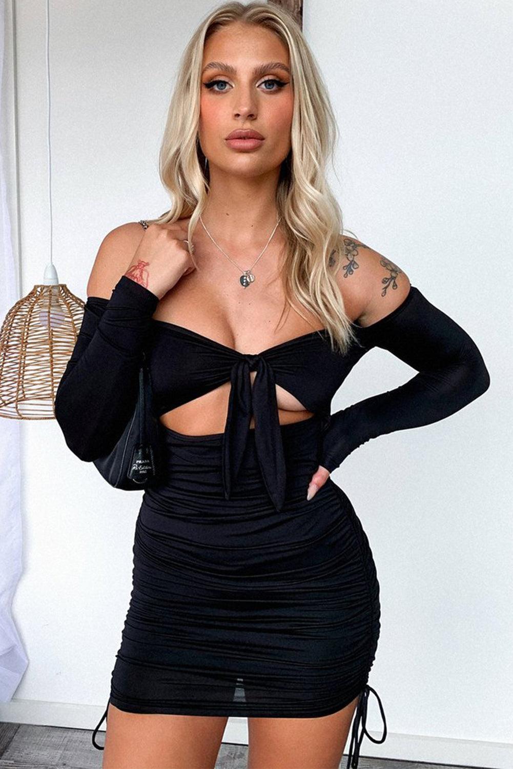 Side Shirring Tie Knot Off Shoulder Bodycon Party Dress