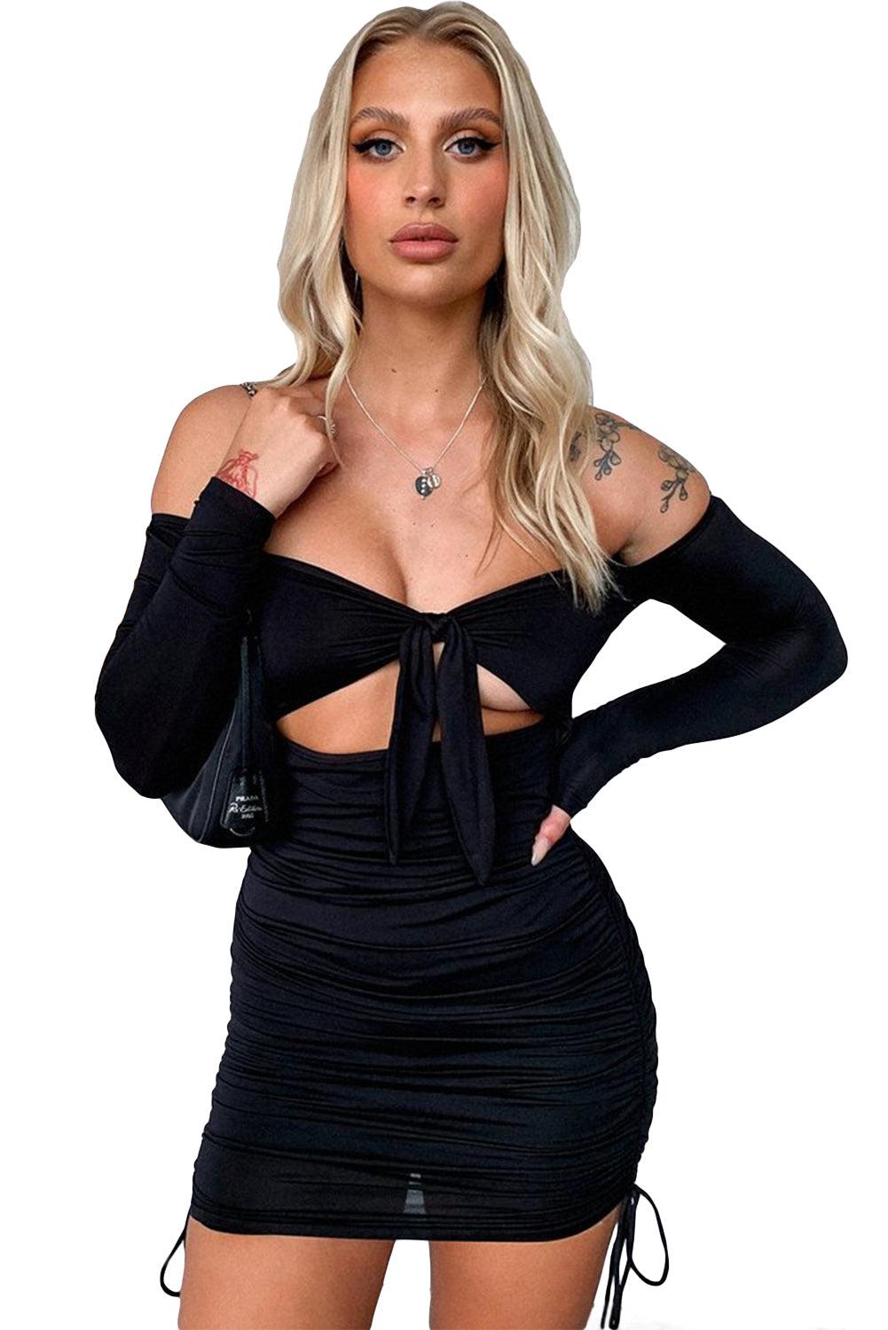 Side Shirring Tie Knot Off Shoulder Bodycon Party Dress