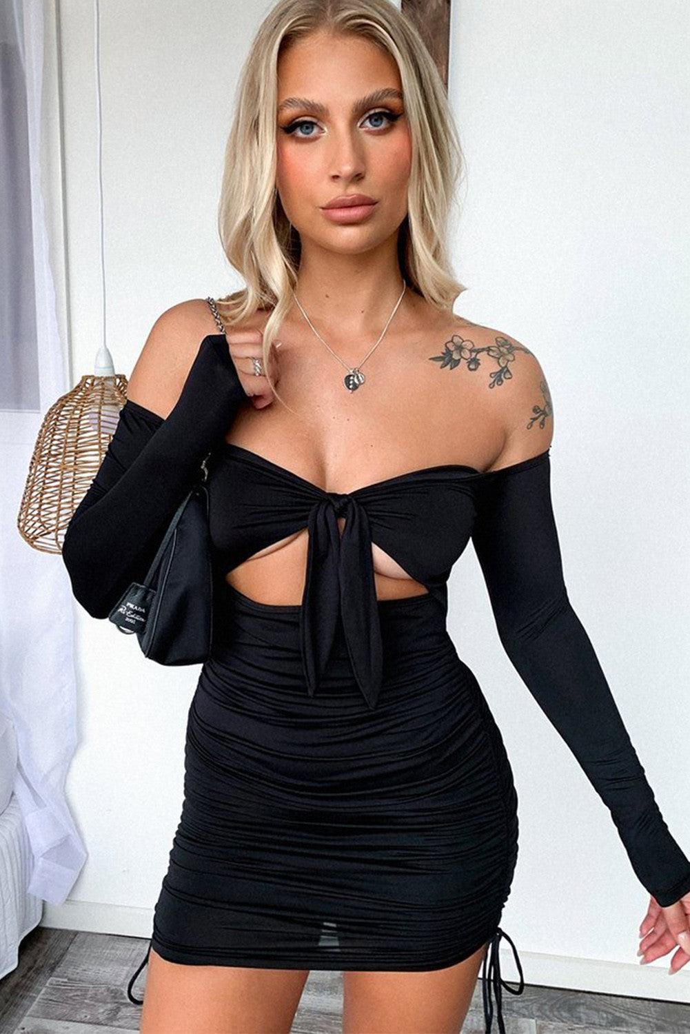 Side Shirring Tie Knot Off Shoulder Bodycon Party Dress