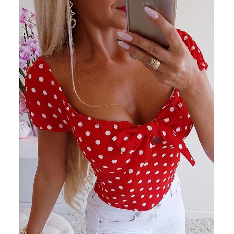 Polka Dot Print Short Sleeve  Lady O-Neck Bow Blouse
