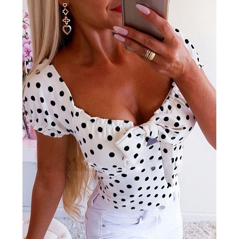 Polka Dot Print Short Sleeve  Lady O-Neck Bow Blouse