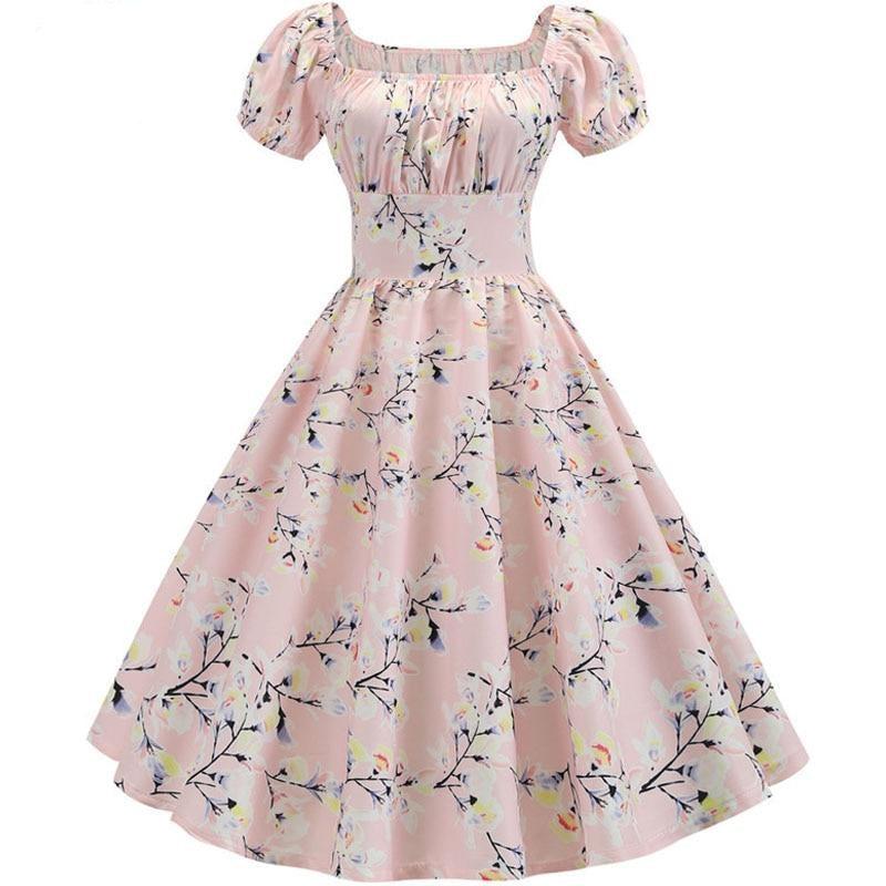 Floral Printed Puff Sleeve Elegant A-line Midi Party Dress