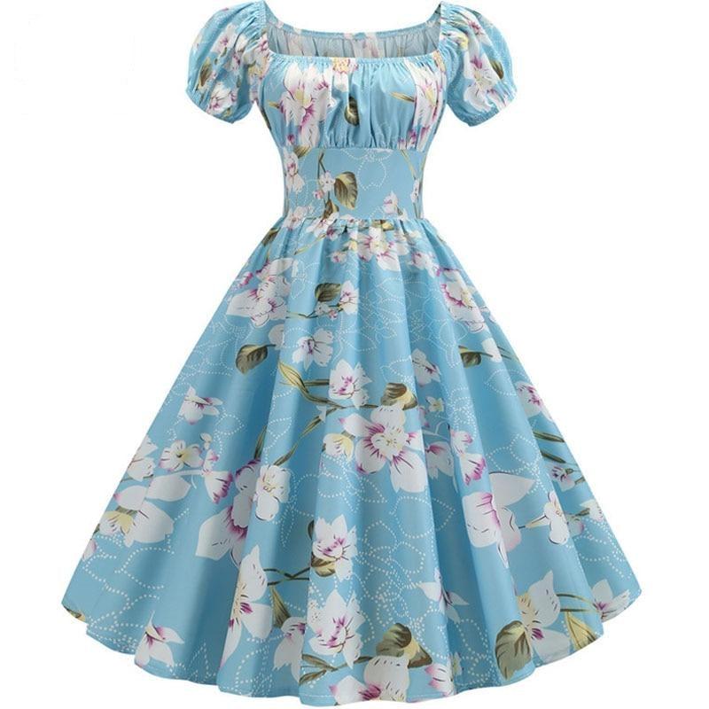 Floral Printed Puff Sleeve Elegant A-line Midi Party Dress