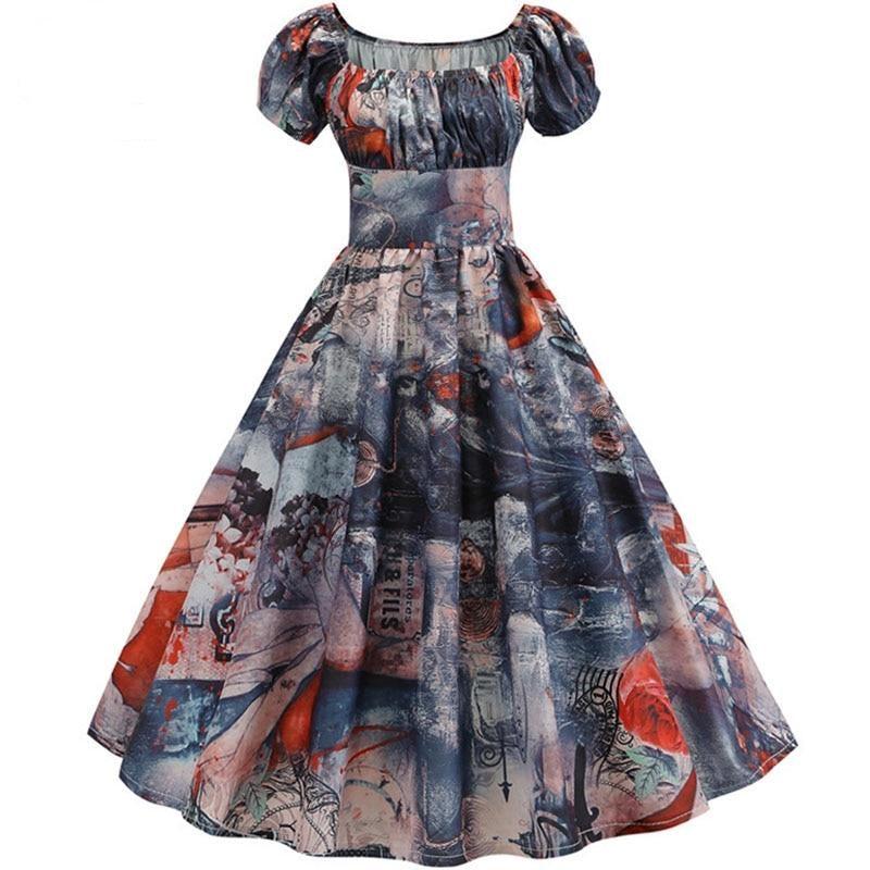 Floral Printed Puff Sleeve Elegant A-line Midi Party Dress