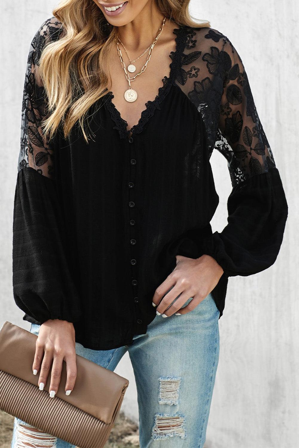 V Neckline Lace Shoulder Patchwork Blouse