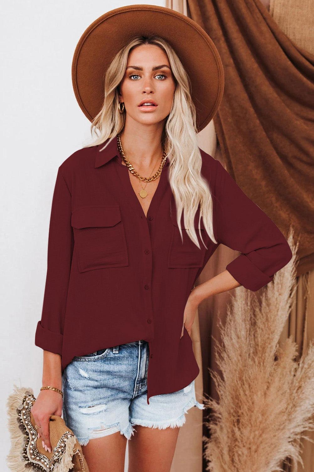 Wine Red Turn-down Collar Pocketed Button Shirt