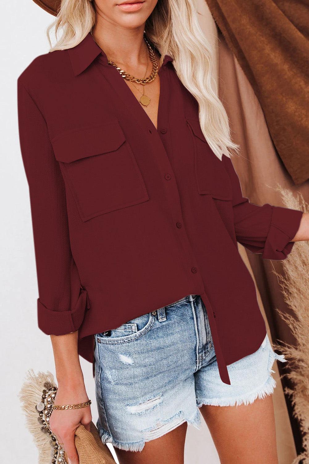 Wine Red Turn-down Collar Pocketed Button Shirt