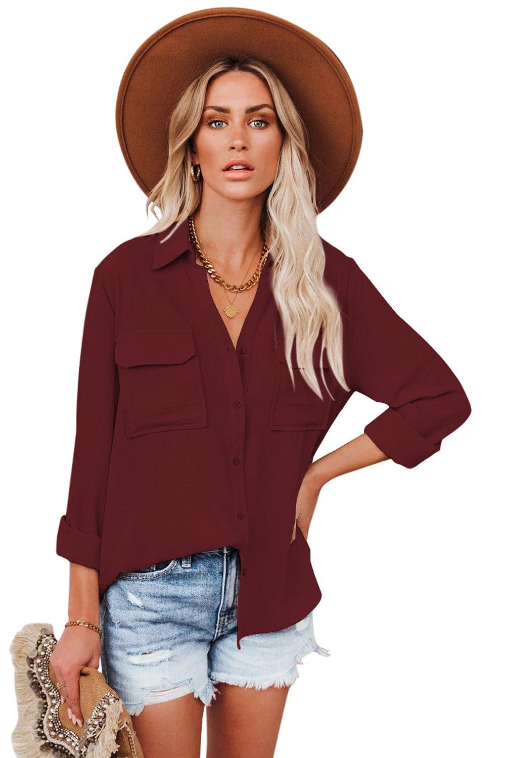 Wine Red Turn-down Collar Pocketed Button Shirt