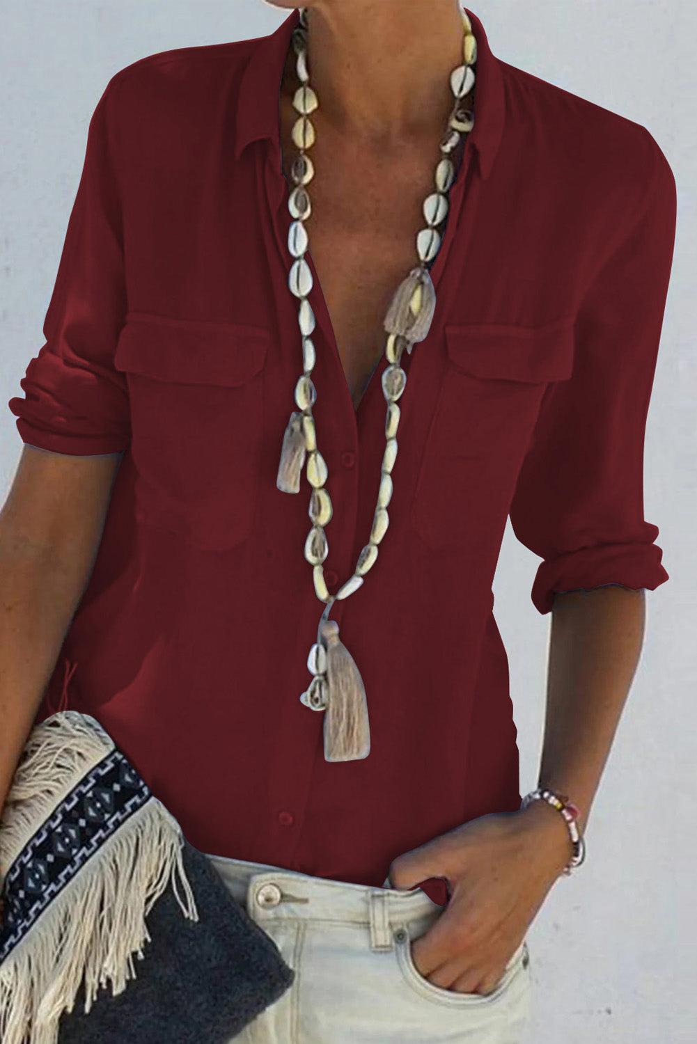 Wine Red Turn-down Collar Pocketed Button Shirt