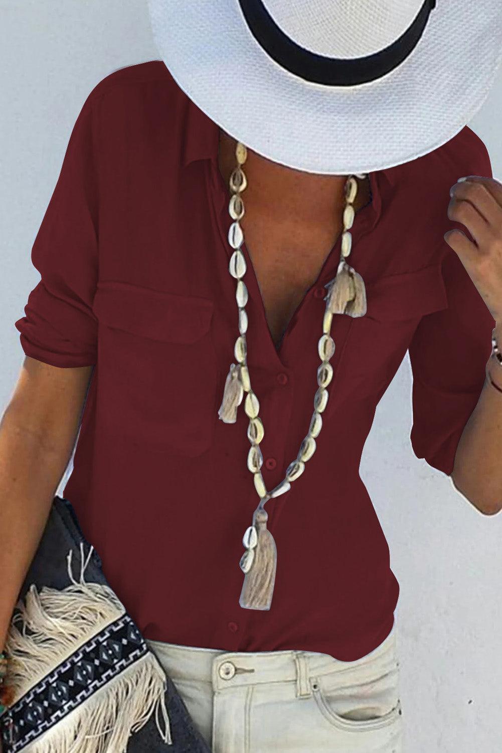 Wine Red Turn-down Collar Pocketed Button Shirt