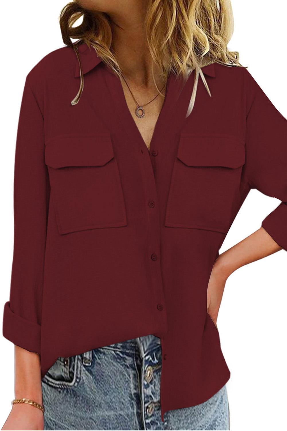 Wine Red Turn-down Collar Pocketed Button Shirt
