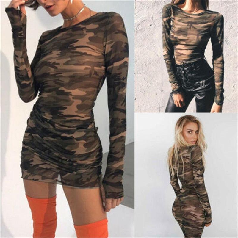 Women Casual Evening Party  Short Mini Dress Long Sleeve Bandage Bodycon See Through Dress