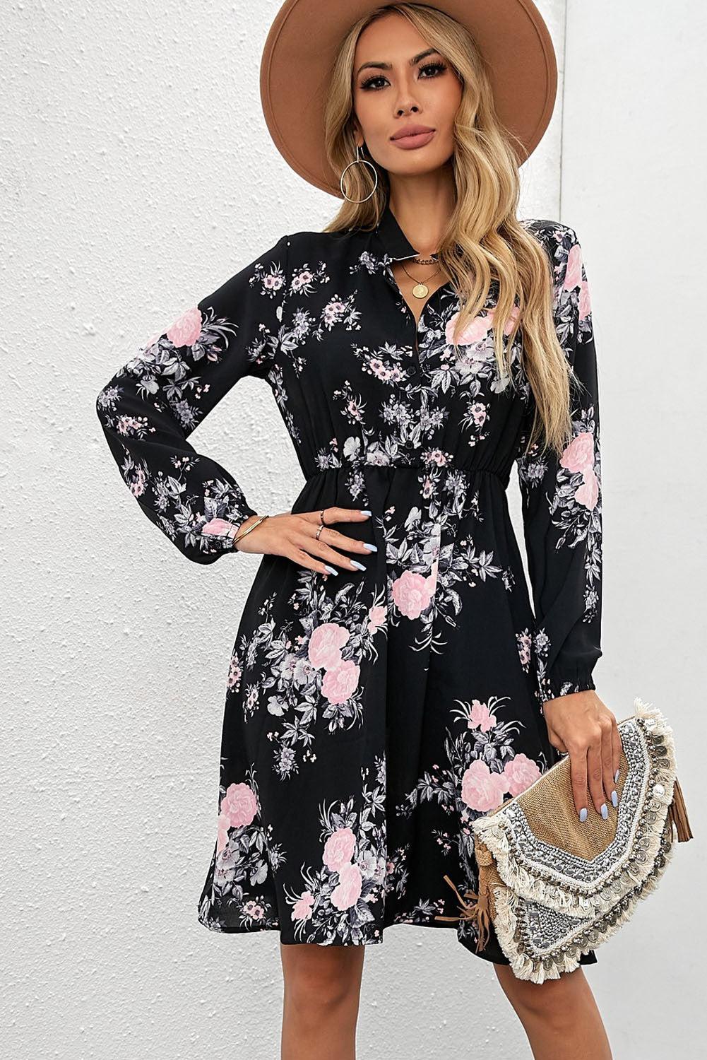 Wine Red Floral Print Elastic Waist Button Mini Dress