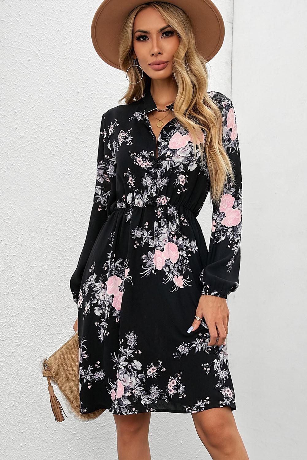 Wine Red Floral Print Elastic Waist Button Mini Dress