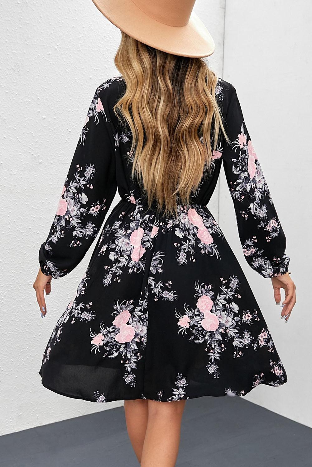 Wine Red Floral Print Elastic Waist Button Mini Dress