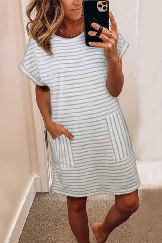 Striped Casual Short Dress with Pocket