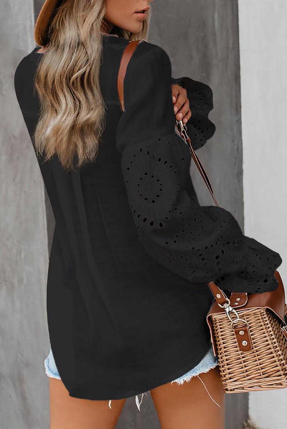 Eyelet Sleeve V Neck Blouse