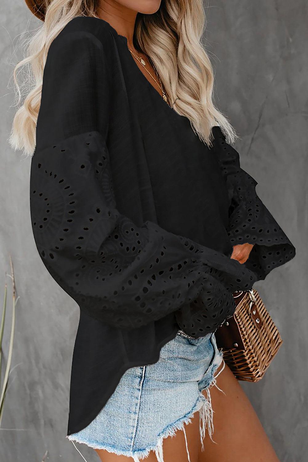 Eyelet Sleeve V Neck Blouse