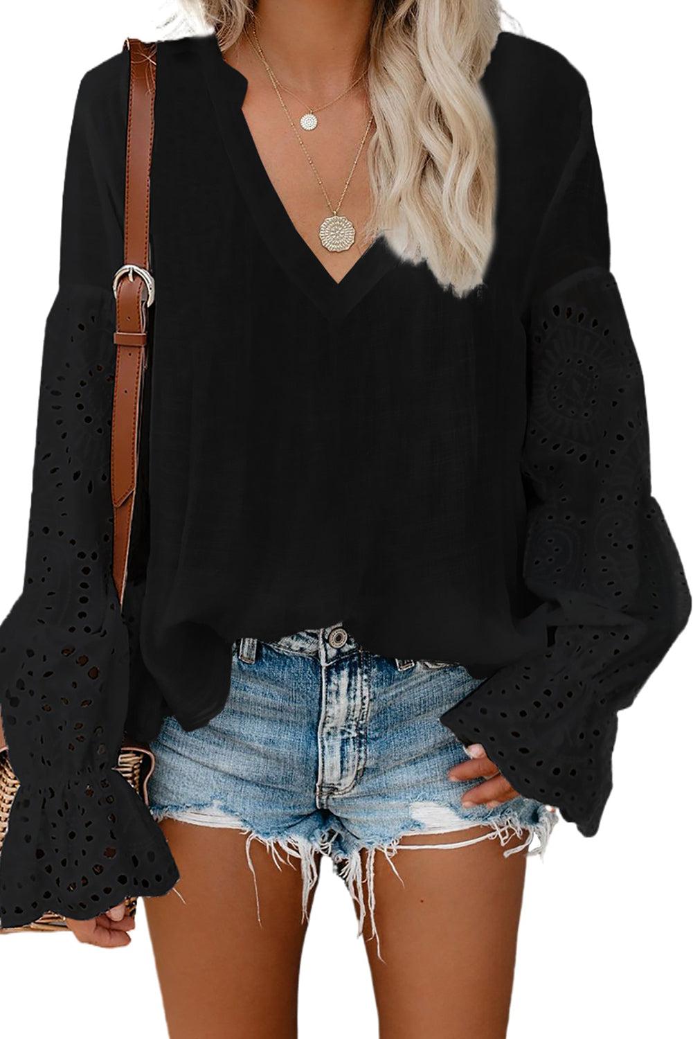 Eyelet Sleeve V Neck Blouse