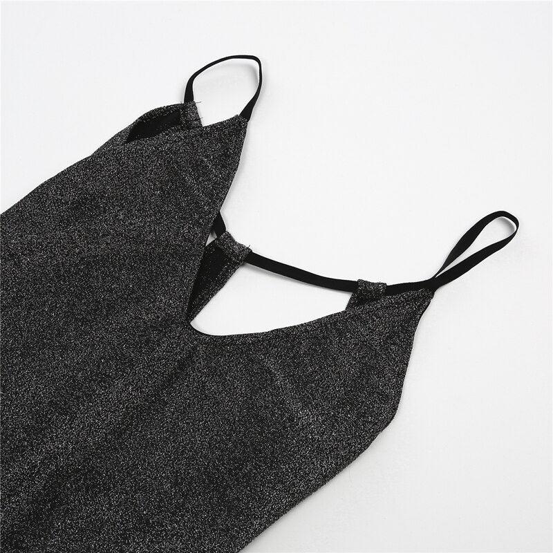 Women Ladies Fashion  Summer Evening Party Dress Sleeveless Deep V-Neck Skinny High Waist Solid Sequined Mini Dress