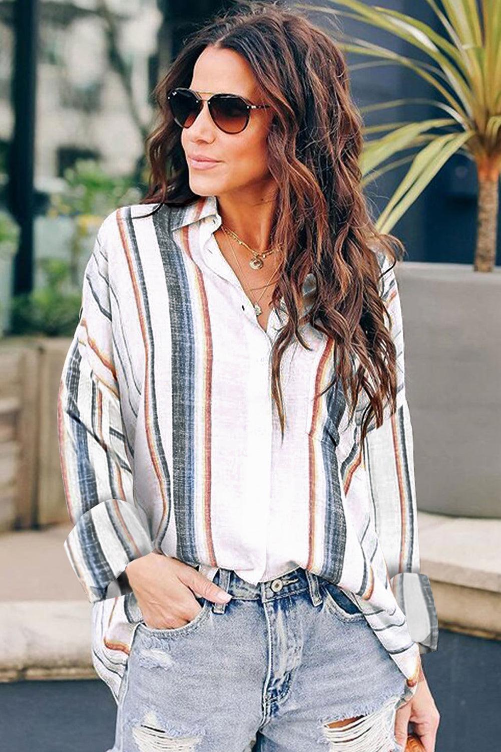 Stripe Print Button Down Shirt with Pocket