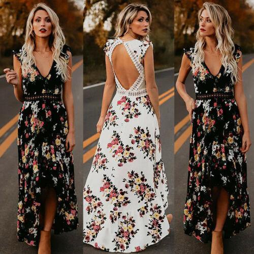 Summer New Women Elegant Vintage Boho Long Maxi Dress  Backless Party Beach Dress Floral Sundress