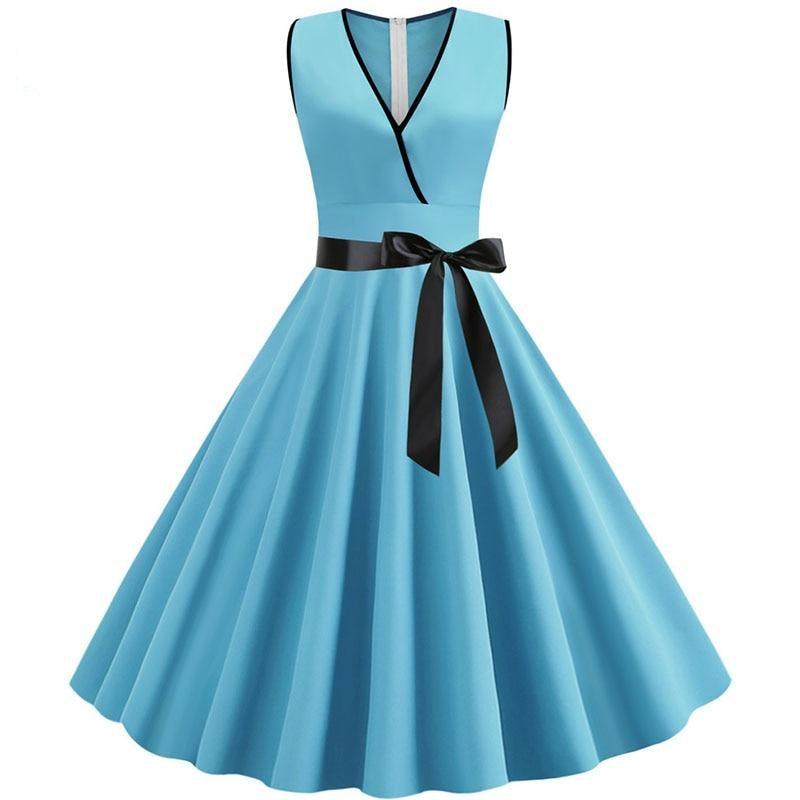 V Neck Sleeveless Solid Color Party Dress