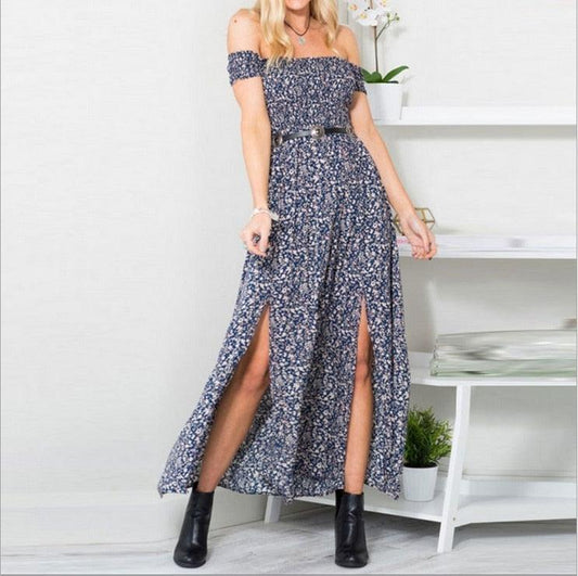 Strapless Beach Summer Dress Sundresses Vintage Bohemian Maxi Dress Robe Femme Boho Floral Women Split Long Dresses Vestido