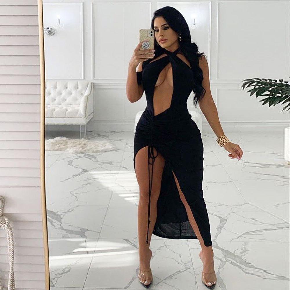 Women Clothing  Chest Cross-Halterneck  Dress Backless Solid Color Party Dress