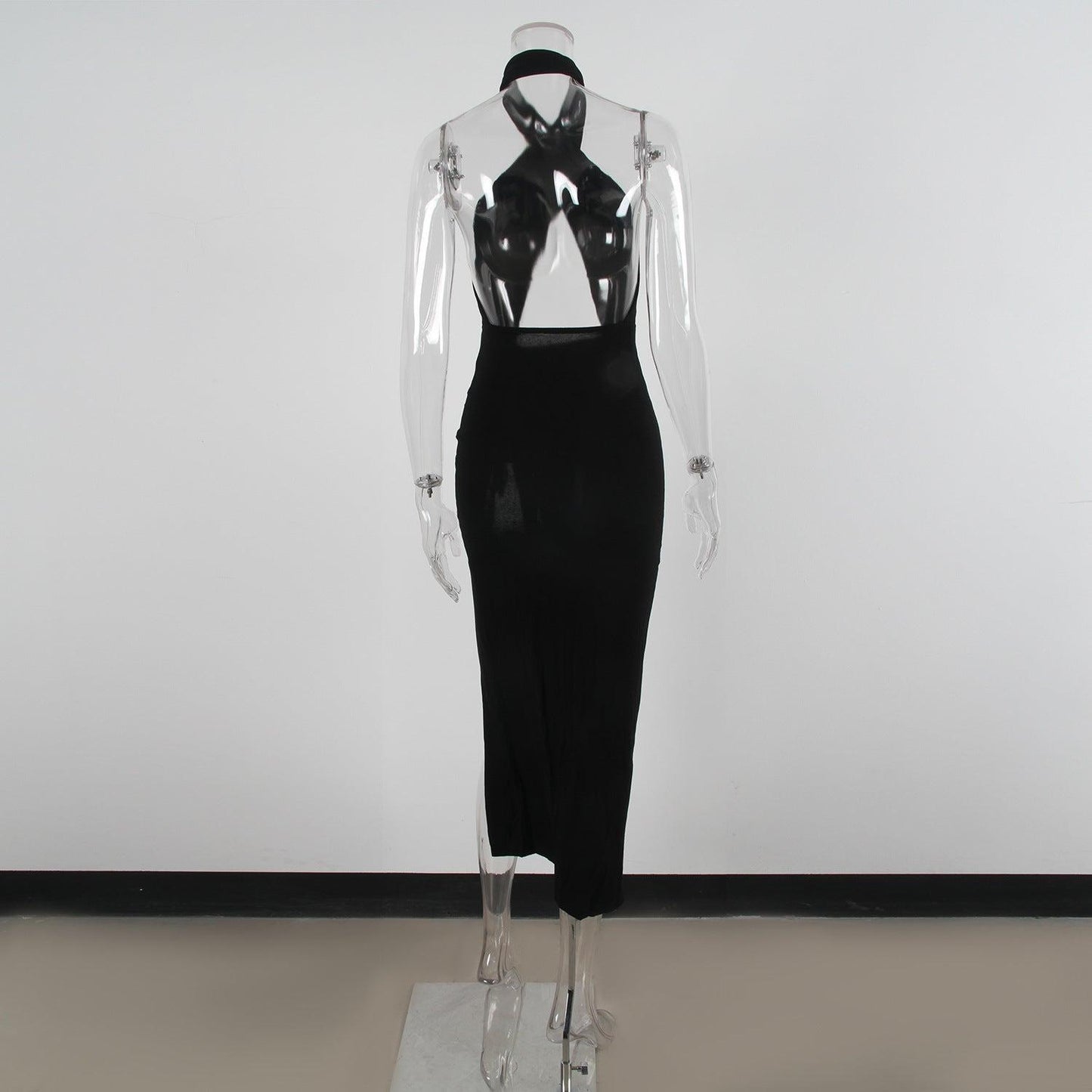 Women Clothing  Chest Cross-Halterneck  Dress Backless Solid Color Party Dress