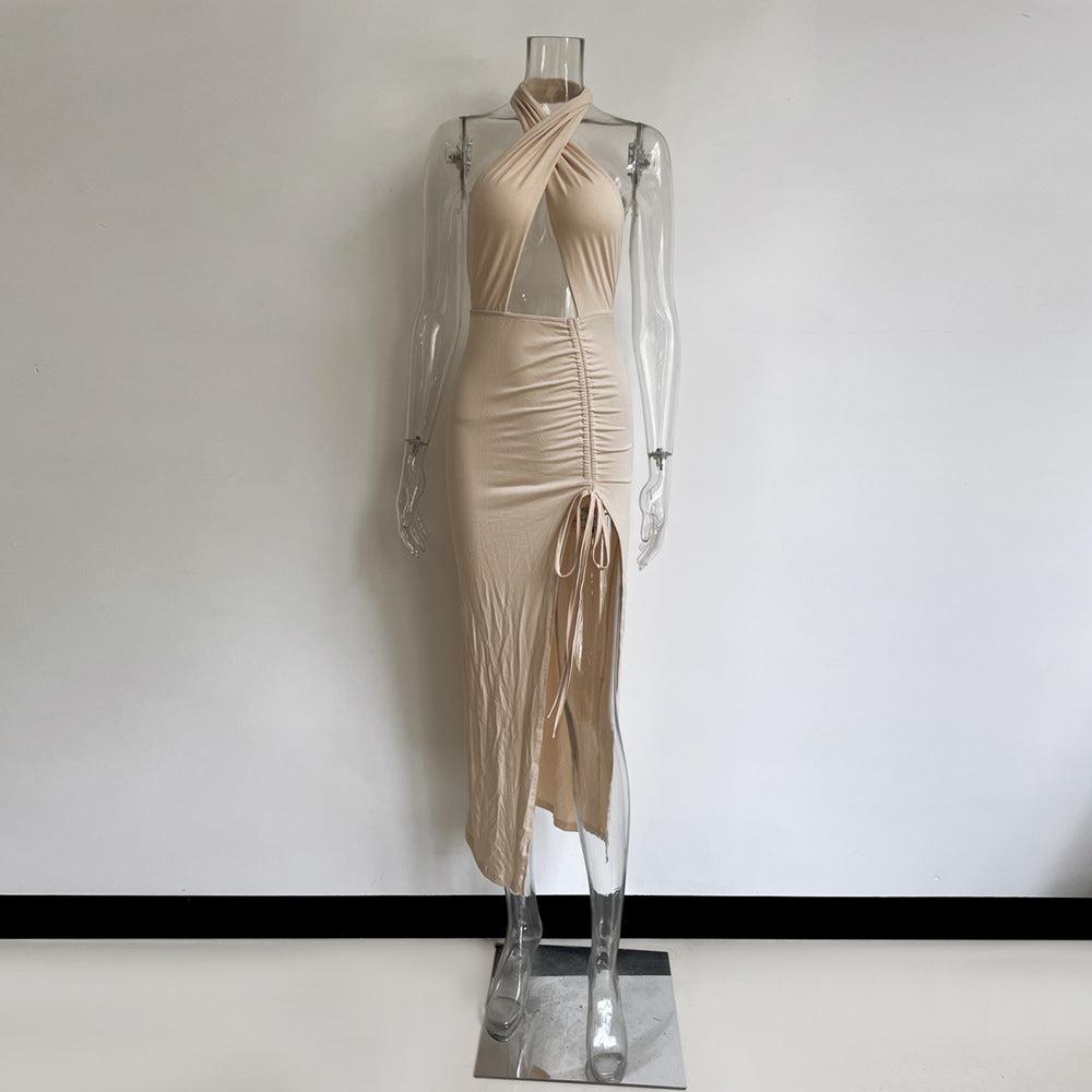 Women Clothing  Chest Cross-Halterneck  Dress Backless Solid Color Party Dress