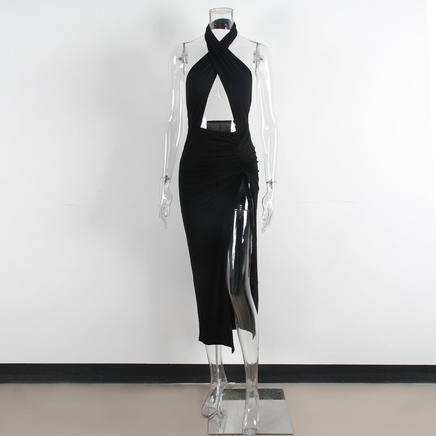 Women Clothing  Chest Cross-Halterneck  Dress Backless Solid Color Party Dress