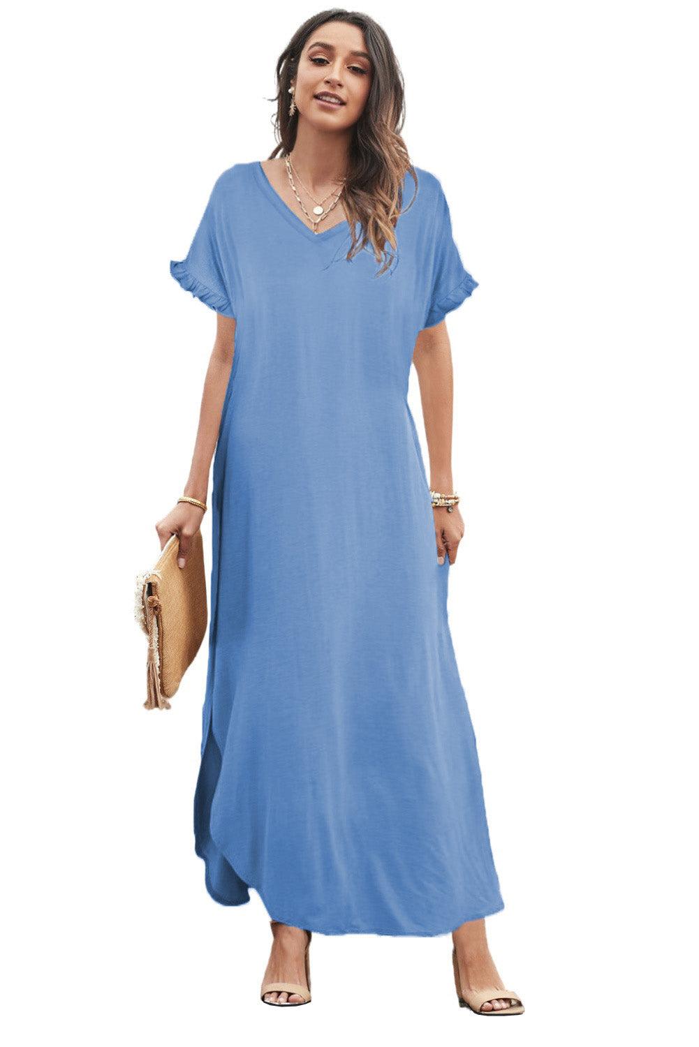 Loose Fit Cotton Blend V Neck Maxi Dress with Slits