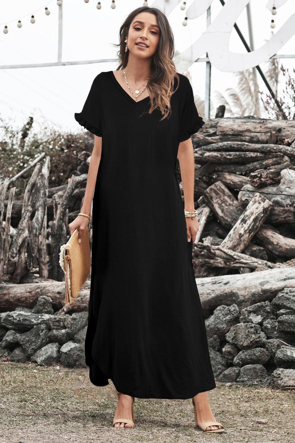 Loose Fit Cotton Blend V Neck Maxi Dress with Slits