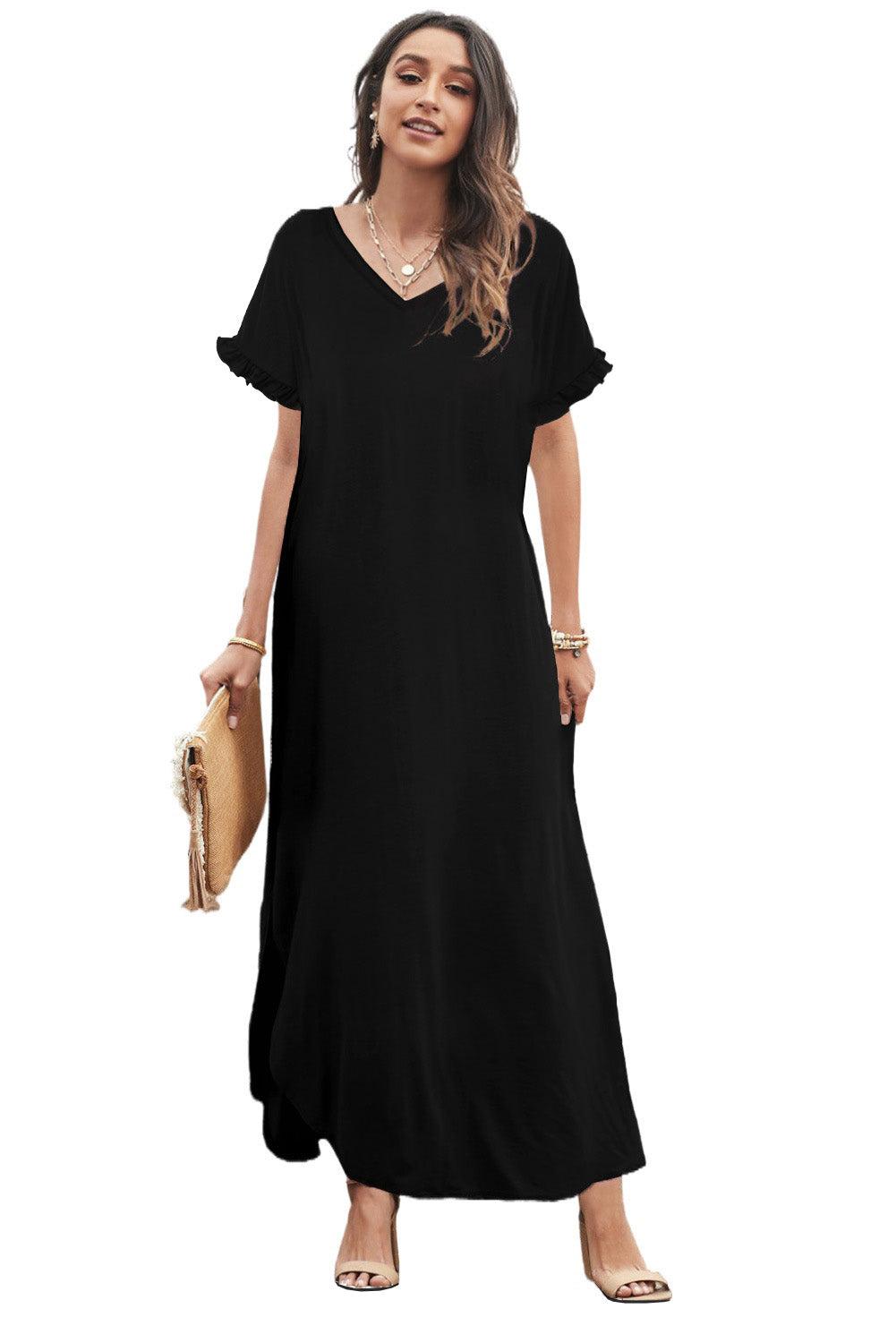 Loose Fit Cotton Blend V Neck Maxi Dress with Slits