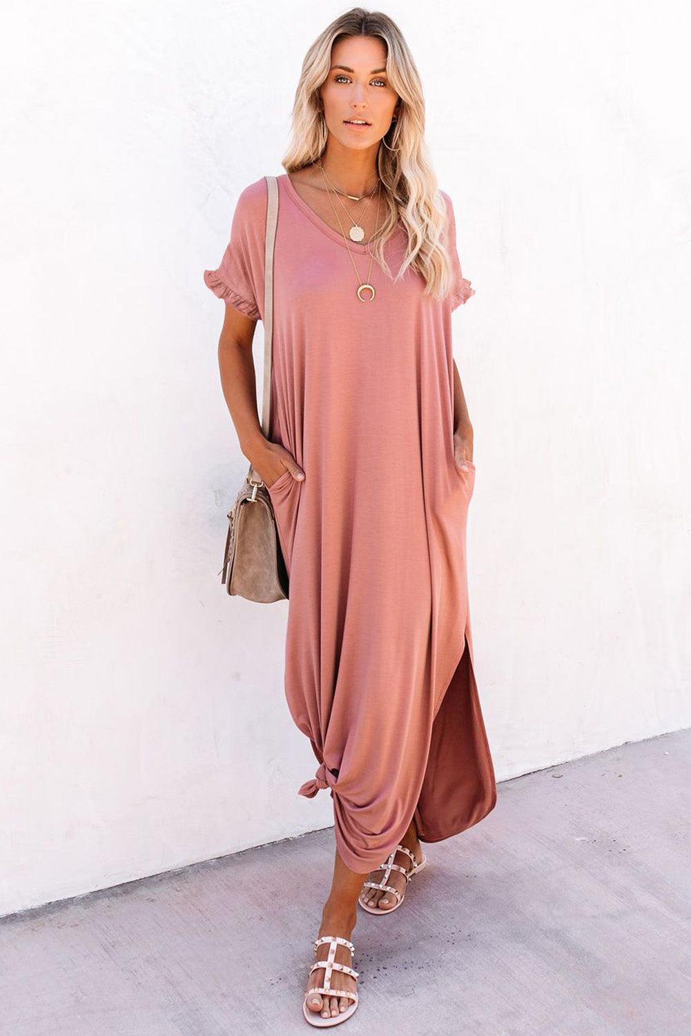Loose Fit Cotton Blend V Neck Maxi Dress with Slits