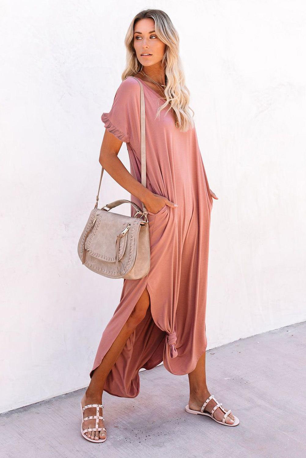 Loose Fit Cotton Blend V Neck Maxi Dress with Slits