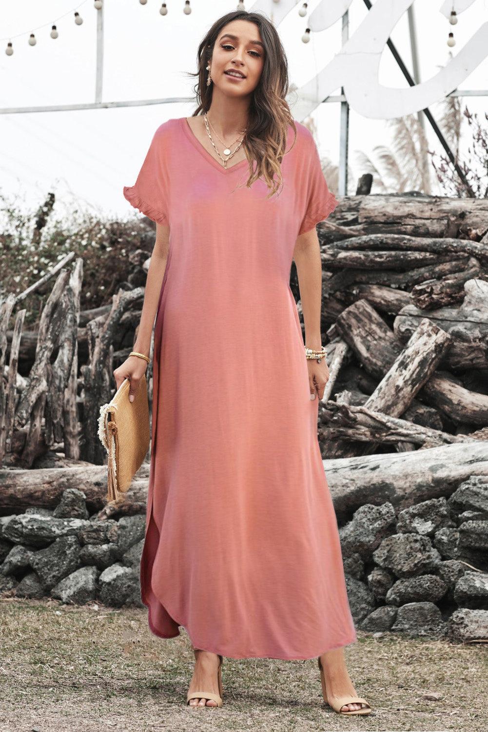 Loose Fit Cotton Blend V Neck Maxi Dress with Slits