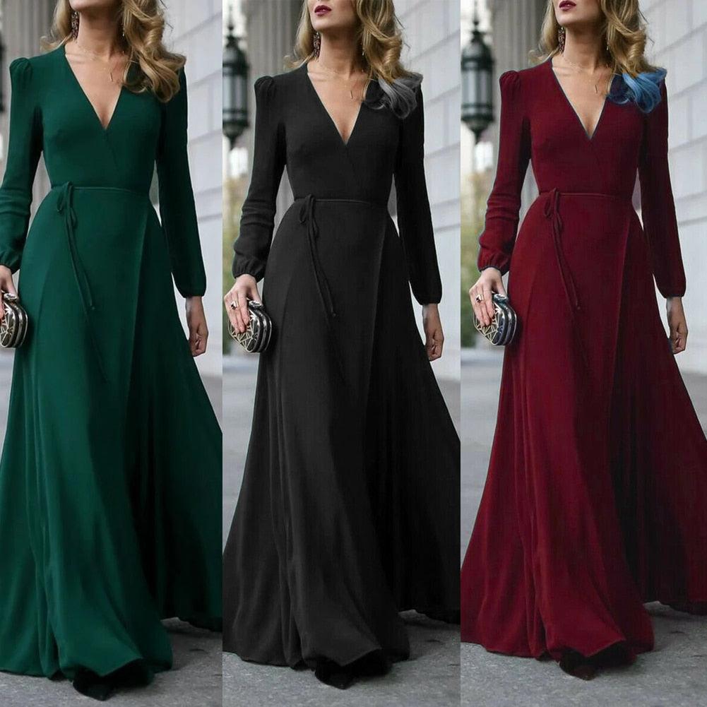 V Neck Long Sleeve Formal Maxi Dress Solid color Bandage Office Ladies Evening Party Prom Gown Women Autumn Dresses