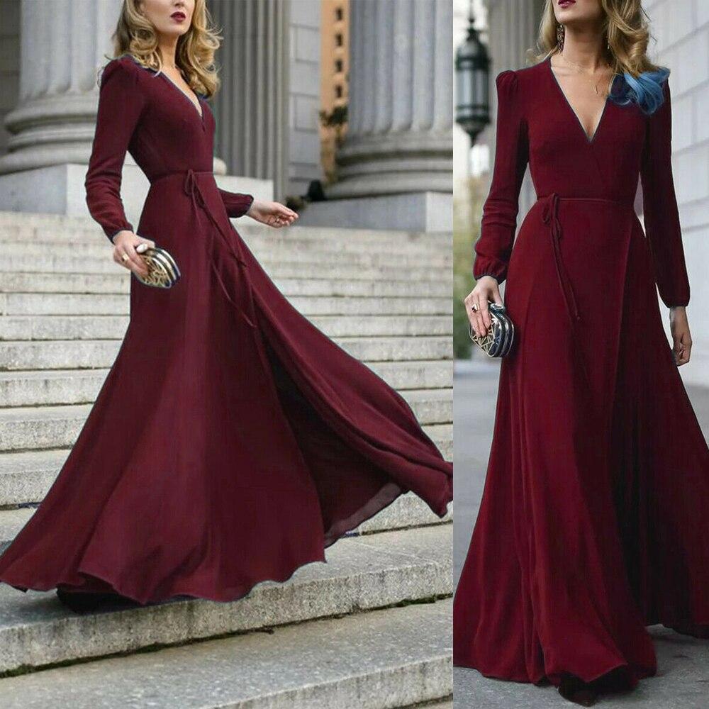 V Neck Long Sleeve Formal Maxi Dress Solid color Bandage Office Ladies Evening Party Prom Gown Women Autumn Dresses