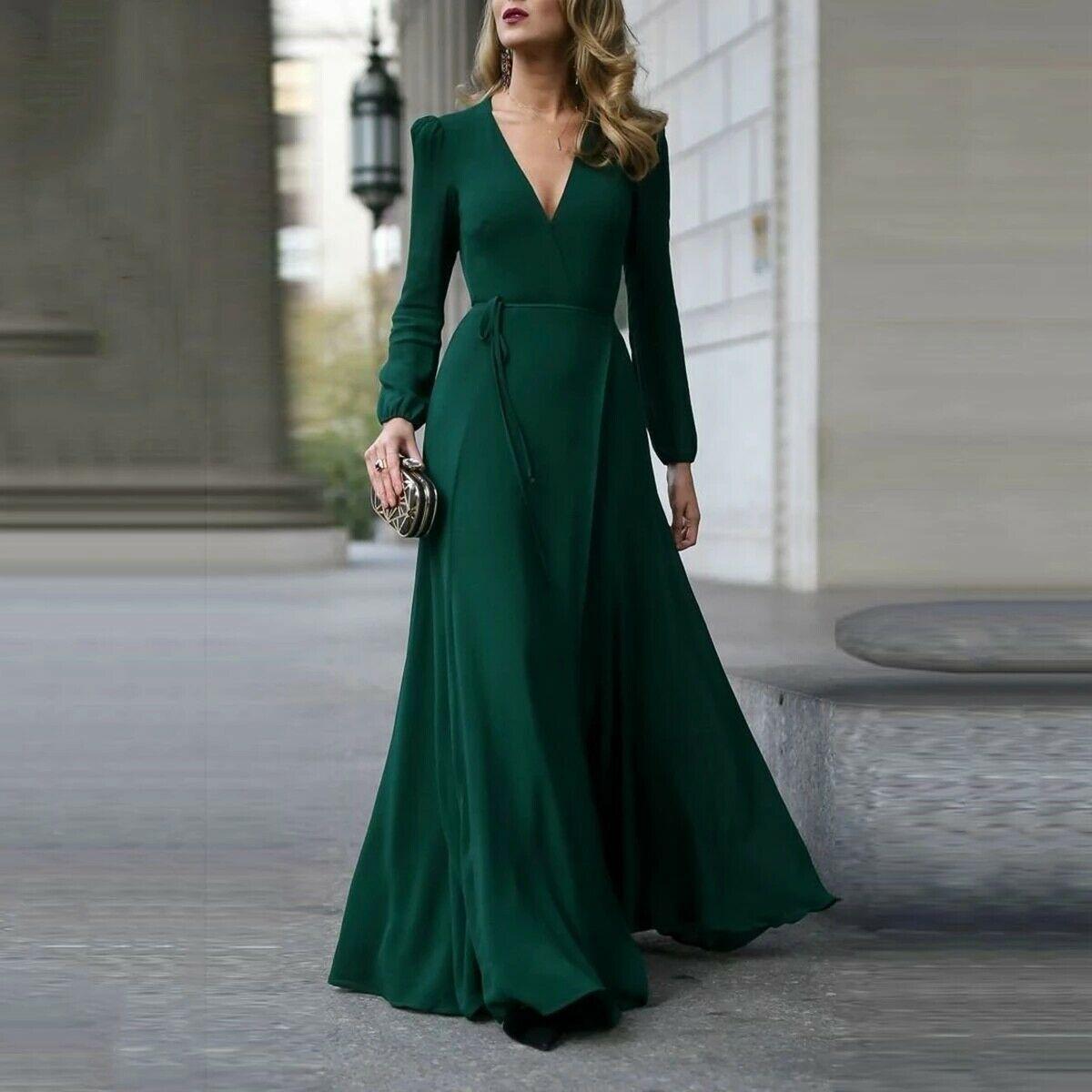 V Neck Long Sleeve Formal Maxi Dress Solid color Bandage Office Ladies Evening Party Prom Gown Women Autumn Dresses