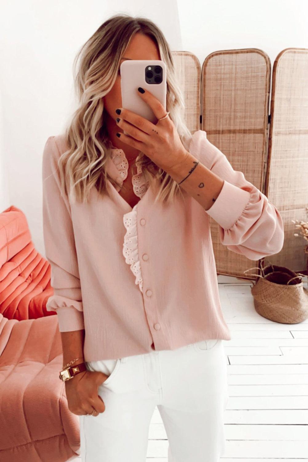Eyelet Ruffles Button Crinkled Shirt