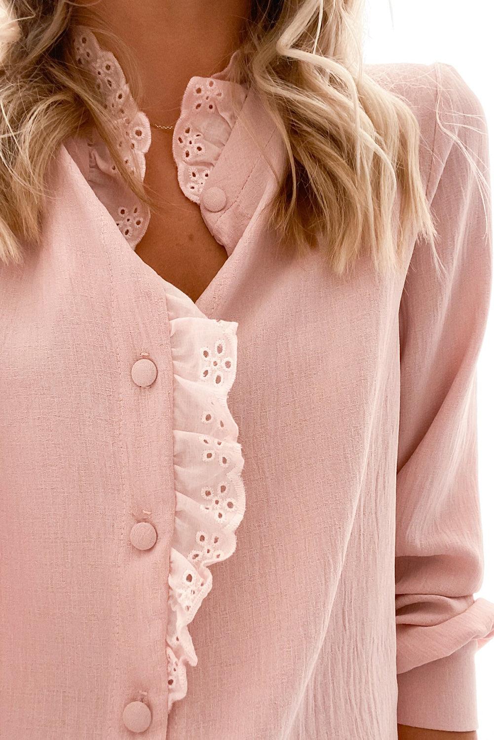 Eyelet Ruffles Button Crinkled Shirt
