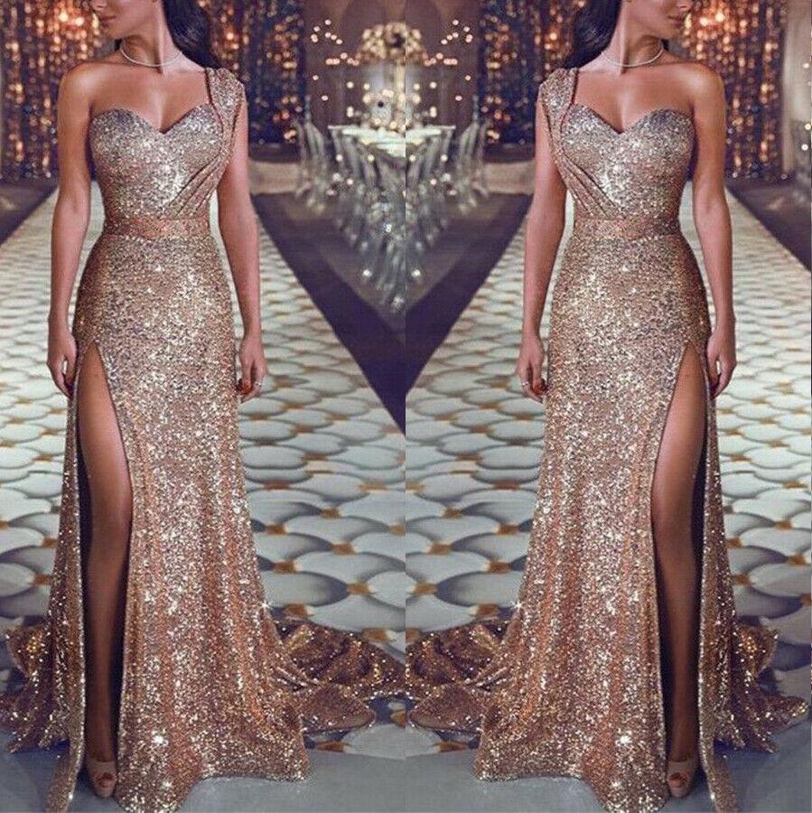 Newest Style Women Wedding Formal Gold Solid Sequin Gown Mermaid Party Ball Evening Long Dress