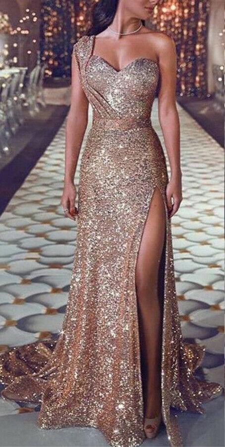 Newest Style Women Wedding Formal Gold Solid Sequin Gown Mermaid Party Ball Evening Long Dress