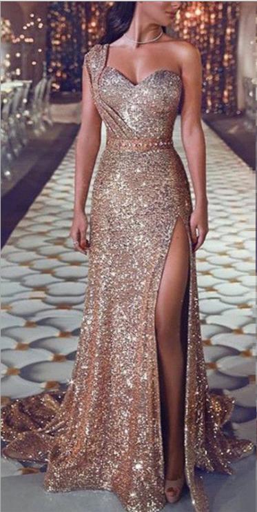 Newest Style Women Wedding Formal Gold Solid Sequin Gown Mermaid Party Ball Evening Long Dress