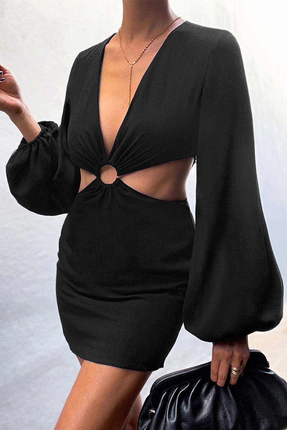 V Neck Cut-out Puff Long Sleeve Mini Dress
