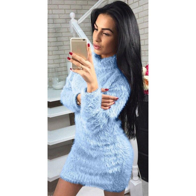 Winter Plush Warm Sweater Dress Women Long Sleeve Turtleneck Dresses Party Bodycon Mini Dress Bandage Knitted Vestidos Female
