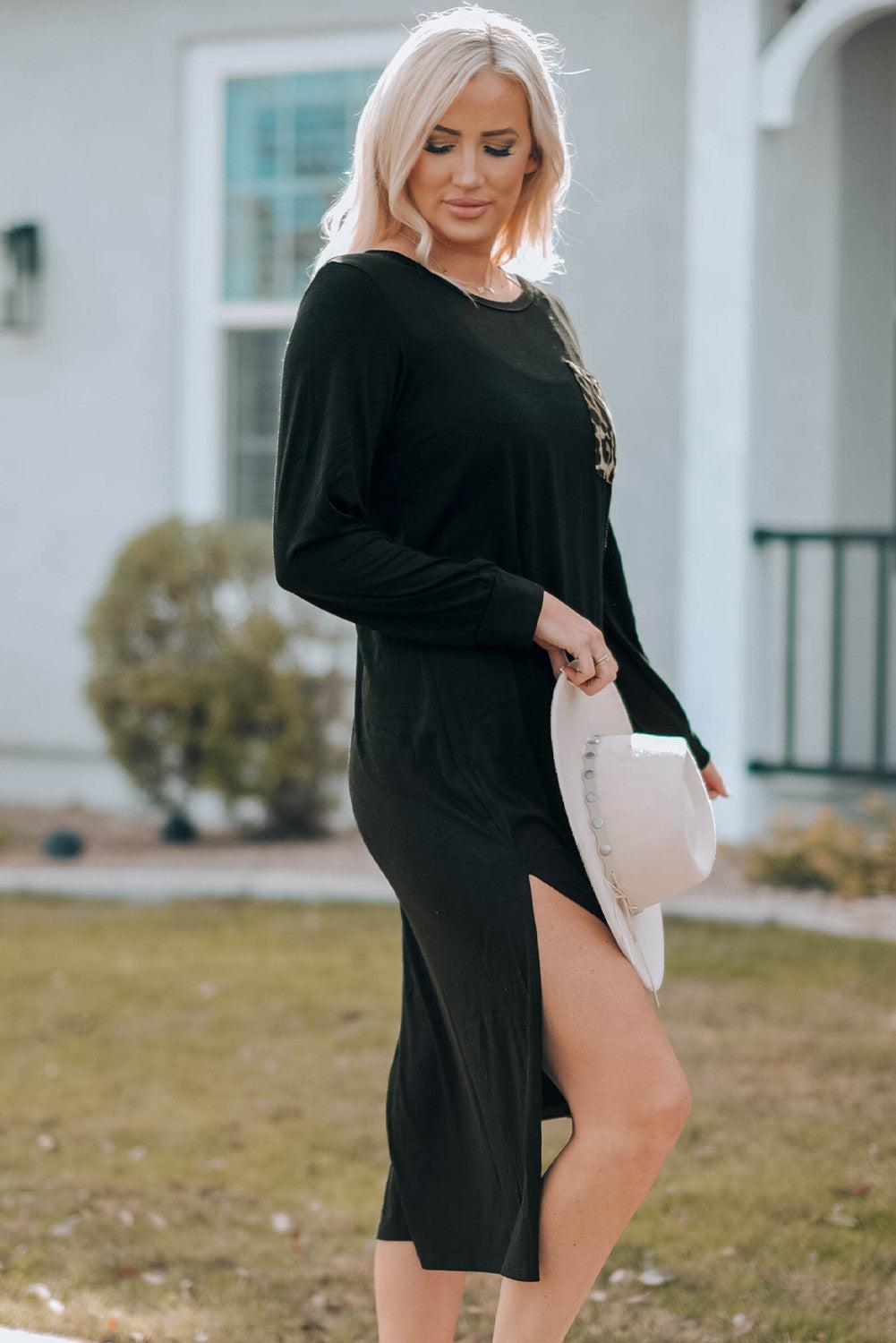 Leopard Patch Side Split Long Sleeve Midi Dress