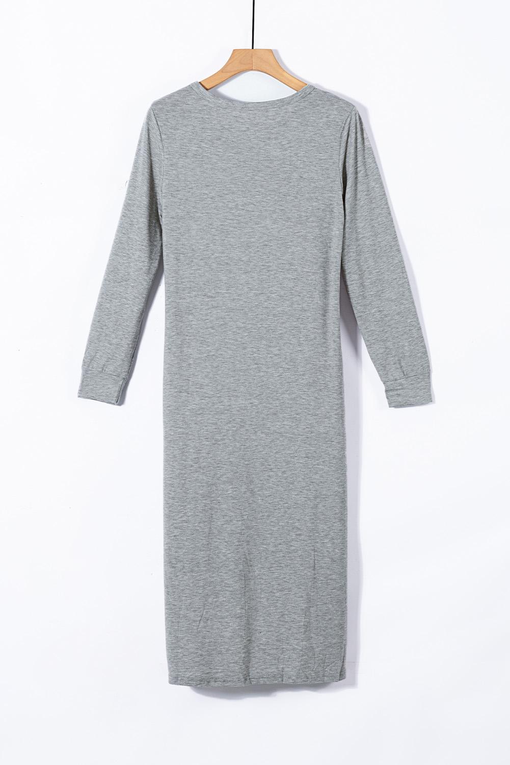 Leopard Patch Side Split Long Sleeve Midi Dress